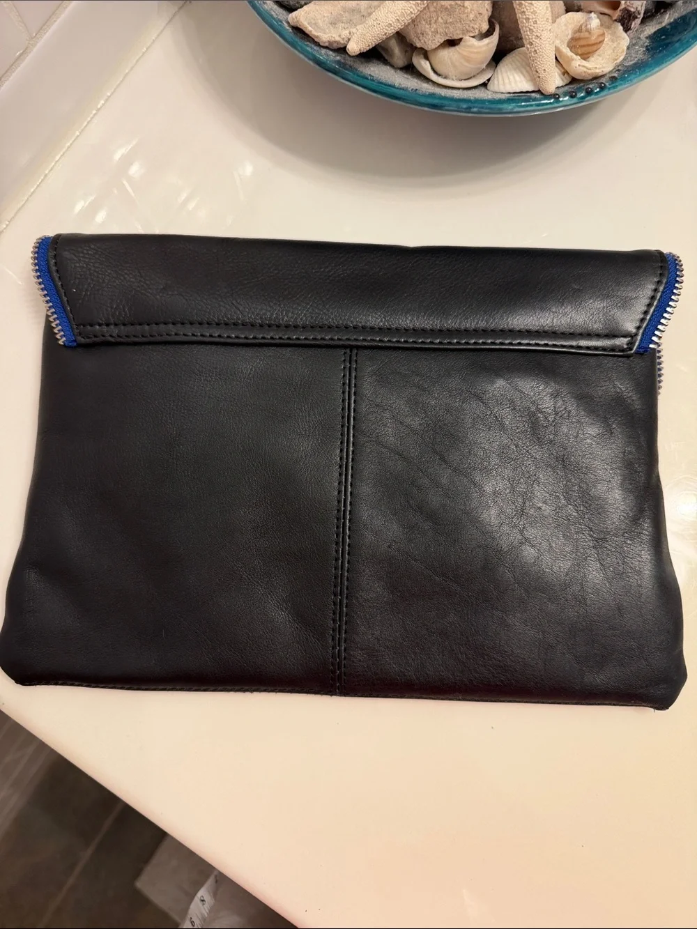 Halogen Black Clutch with Gray Pebbled Panel and Blue Trim